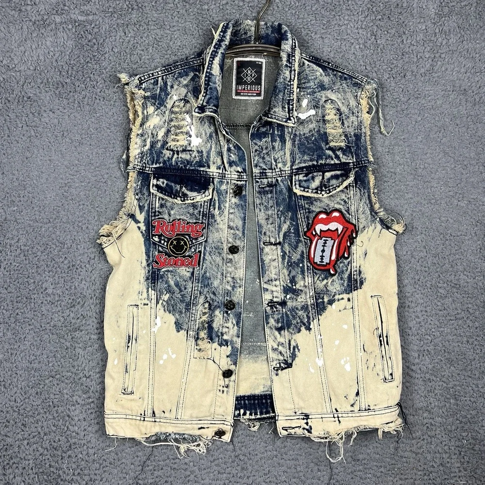 Imperious Vest Mens Lg Denim Distressed Rock N Roll Y2K Acid Wash Streetwear 90s